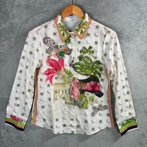 Whimisical Fairy Butterfly Bird Floral Print Button Up Shirt Women’s Small Artsy